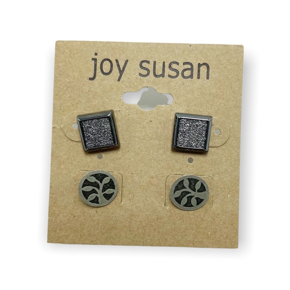 Hand Crafted Jewelry - Joy Susan 2 Pairs Stud Earrings Silver Gunmetal Circle Trees & Textured Squares